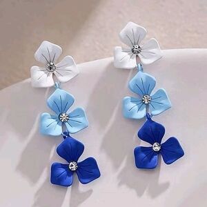 Cascading Blue Floral Earrings With Crystals